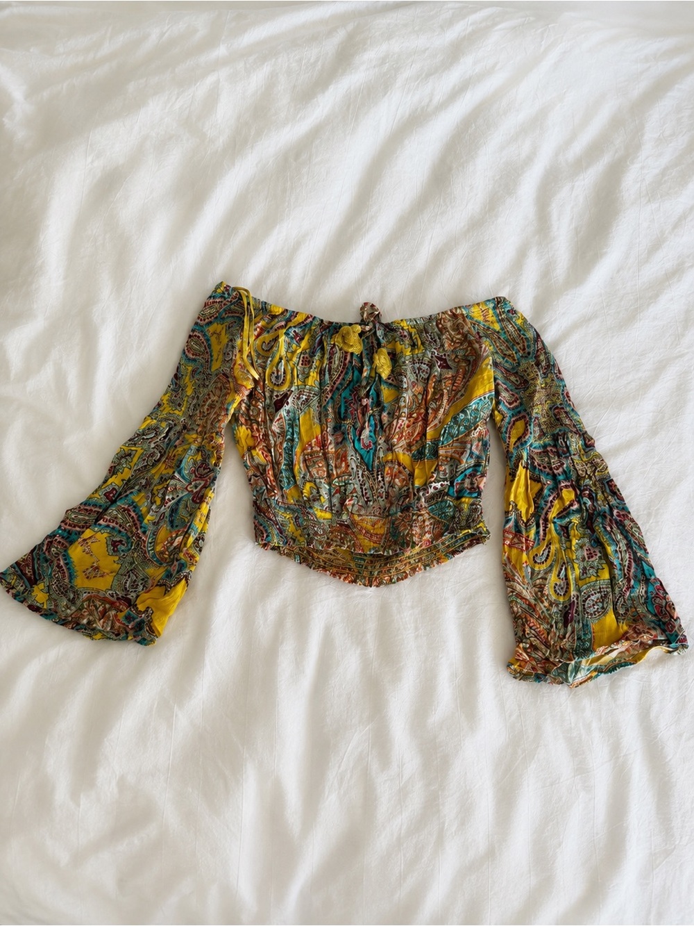 Band of Gypsies Yellow Paisley Off-Shoulder Ruched Crop Top wide trumpet sleeve